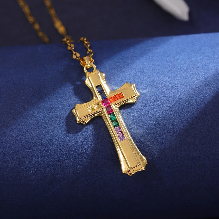 Classic Style Cross 304 Stainless Steel Copper Inlay 18K Gold Plated Zircon Pendant Necklace