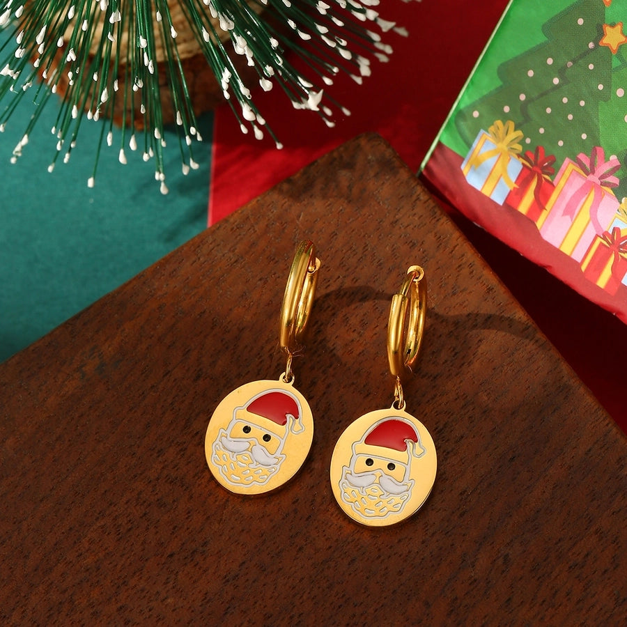 A Pair of Christmas 18K Real Gold Stainless Steel Colorful Oil Necklace Christmas Tree Elk Earrings Ear Clip Women's Christmas Gift