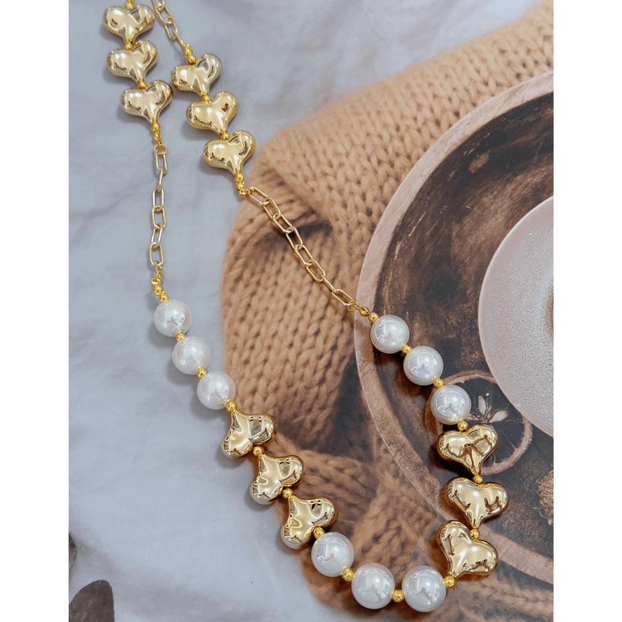 Handmade Pearl Heart Fashion Beaded Necklace 18k Gold Plated No Tarnish Link Chain Jewelry Necklaces Women