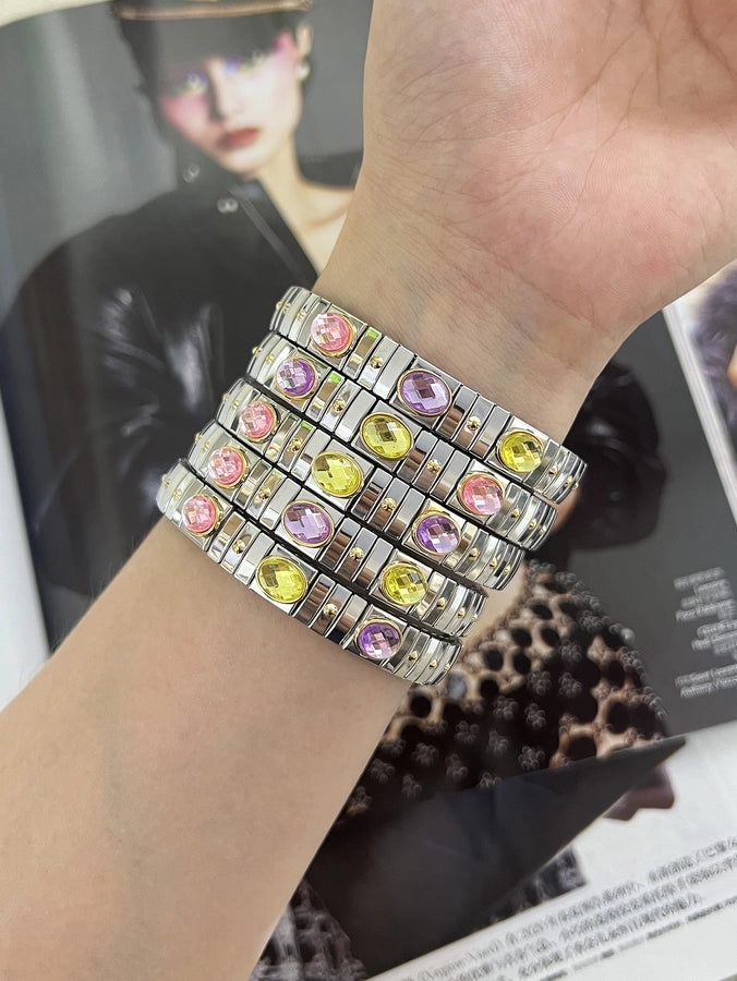 Rock Punk Shiny Geometric Titanium Steel Rhinestones Bangle In Bulk