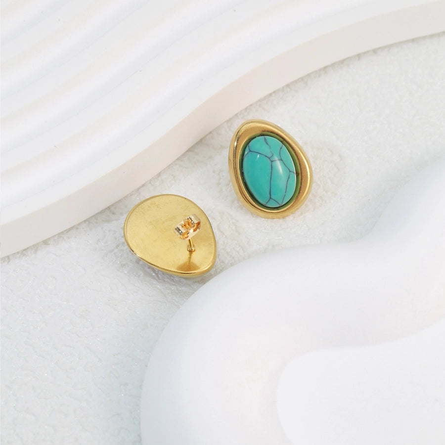 1 Pair Elegant Classical Commute Oval Inlay 304 Stainless Steel Opal 18K Gold Plated Ear Studs