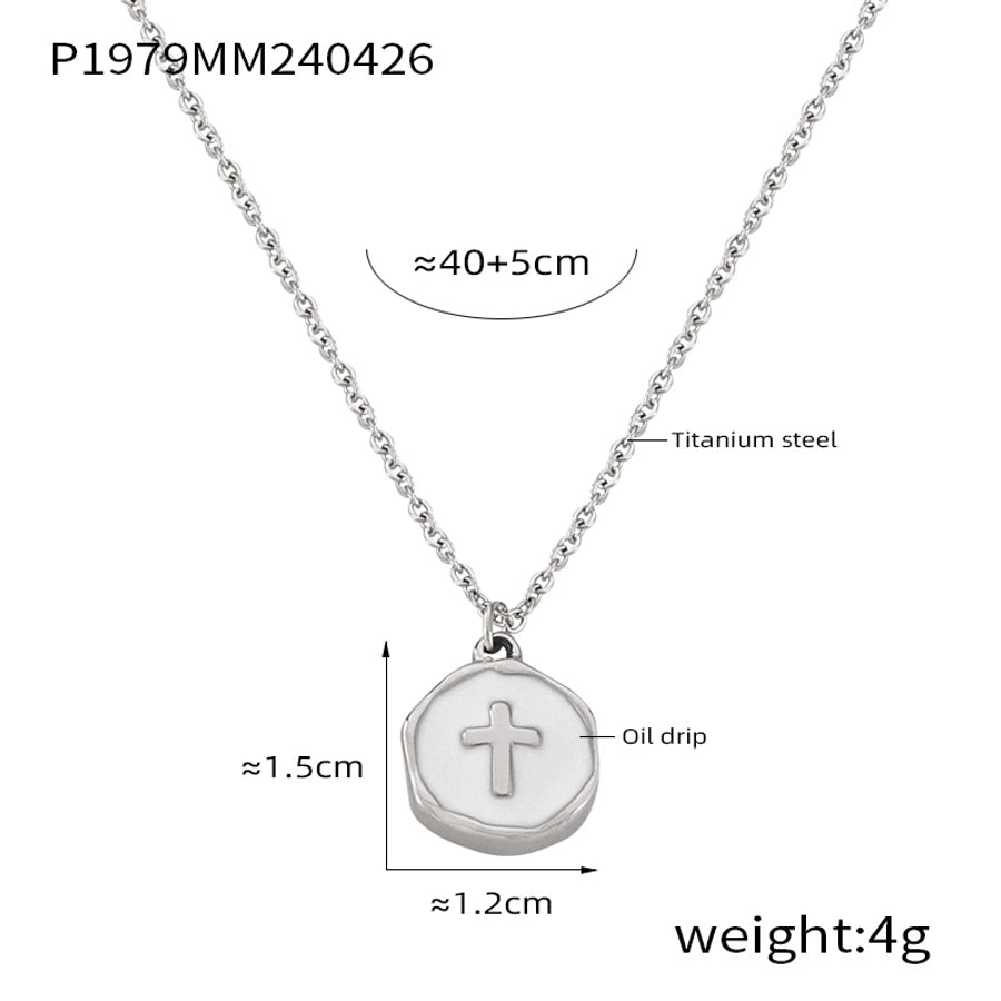 304 Stainless Steel 18K Gold Plated Casual Simple Style Commute Enamel Plating Cross Round Heart Shape Pendant Necklace - CEJEW