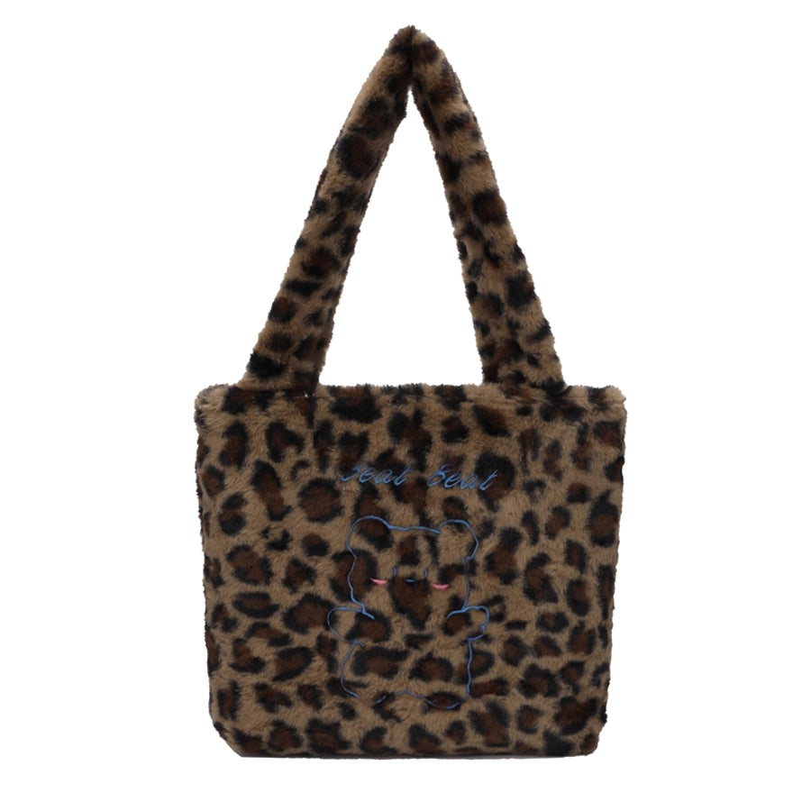 Women's Medium Plush little bear Leopard Cute Square Zipper Tote Bag