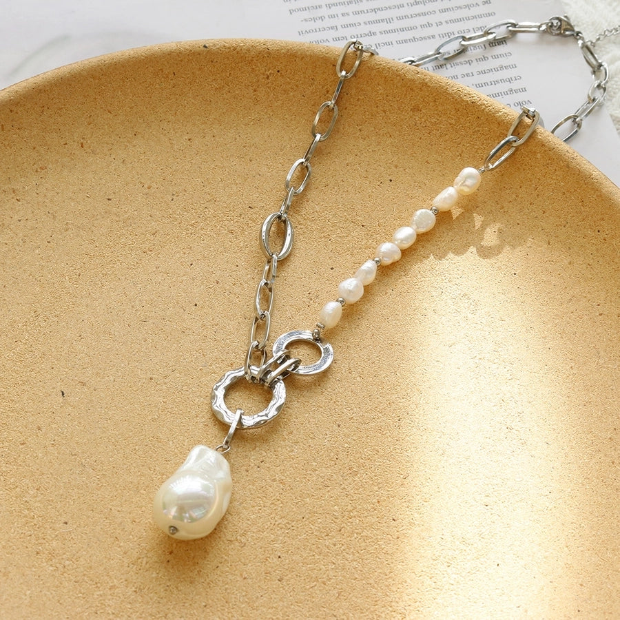 Jewelry Simple Style Geometric 304 Stainless Steel Freshwater Pearl Beaded Pendant Necklace