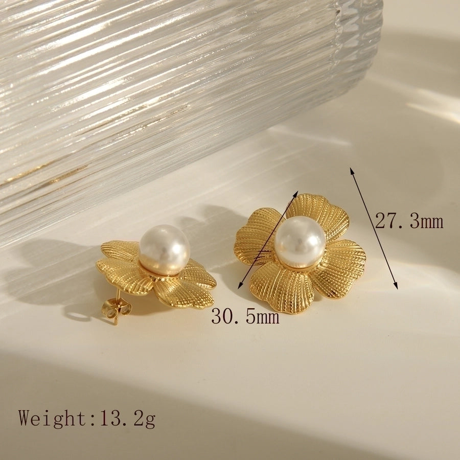 1 Pair French Style Sweet Simple Style Flower Inlay 304 Stainless Steel Artificial Pearls 18K Gold Plated Ear Studs